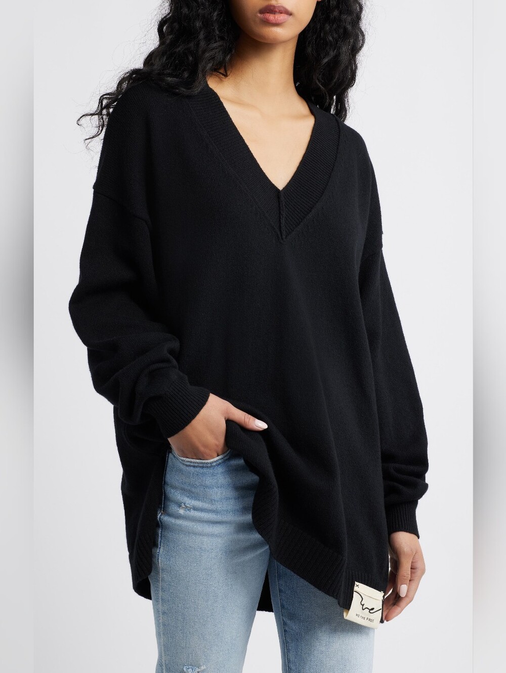 Free People Chelsea V-Neck Tunic Sweater, Size Large